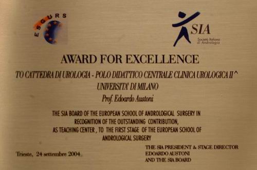 Award for Excellence della Società Italiana di Andrologia, Trieste 2004