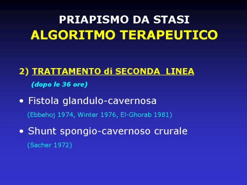 - fistola chirurgica glandulo-cavernosa (Ebbehoj 1974, Winter 1976, El-Ghorab 1981) — Priapismo